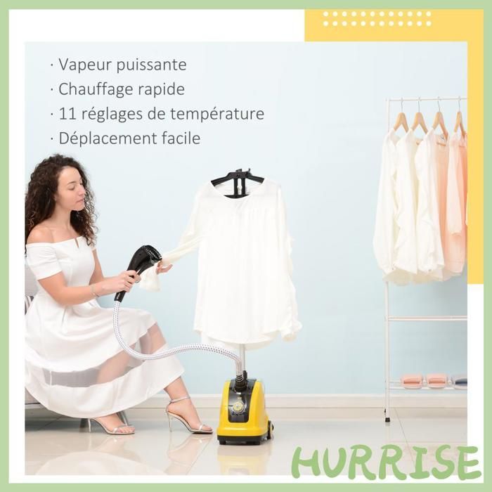 Vaporiera verticale per indumenti Cocosity, serbatoio dell'acqua da 1,4 litri, potenza 1950 W, emissione di vapore 32 g/min, asta telescopica, giallo/nero.