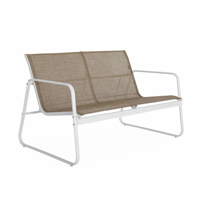 Conjunto de muebles de jardín de metal y textilene para 4 personas. Blanco y natural. Diseño