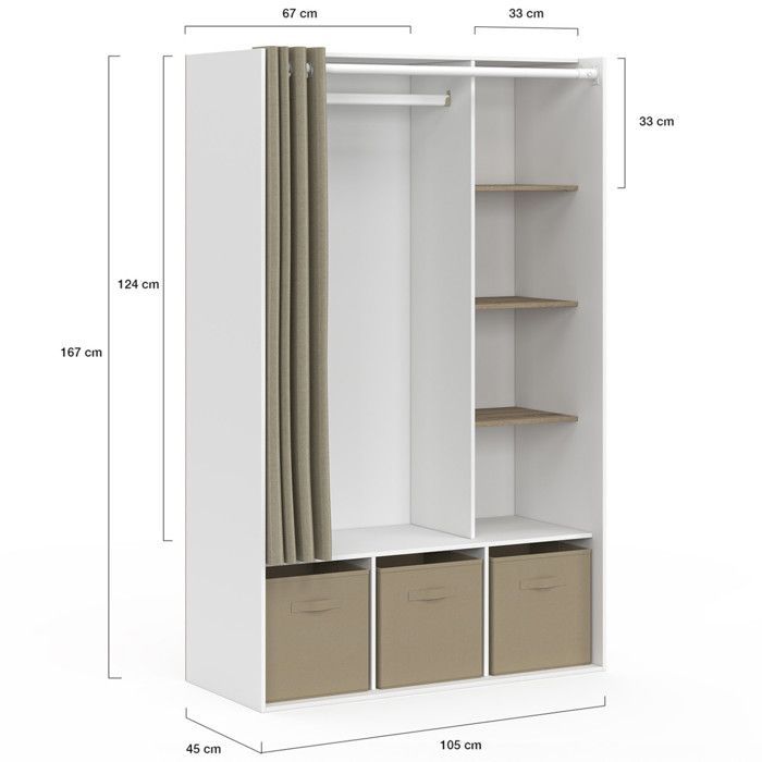 IDMARKET Dressing penderie DIANE 105 x 45 x 167 cm blanc avec étagères + boites de rangement + rideau taupe