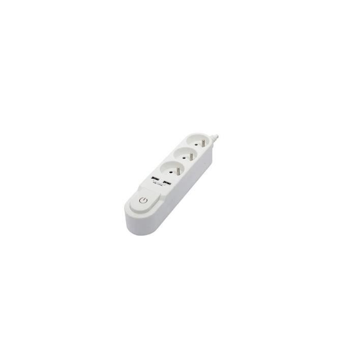Multipresa CHACON con interruttore, 3 prese da 16A e 2 porte USB da 2A, cavo da 1,5 m, bianca.