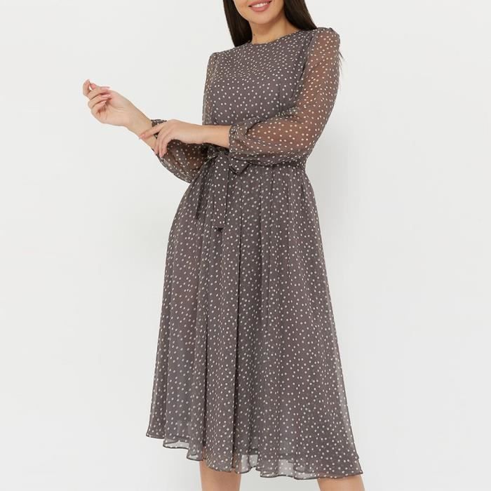 Vestido de gasa de largo midi para mujer, conjunto elegante, estampado de lunares, gris