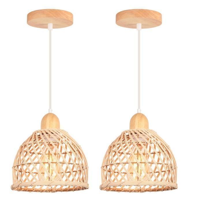 iDEGU Juego de 2 lámparas colgantes retro de madera y bambú, lámpara de techo industrial, portalámparas E27, pantalla con diseño de jaula en espiral, 20 cm