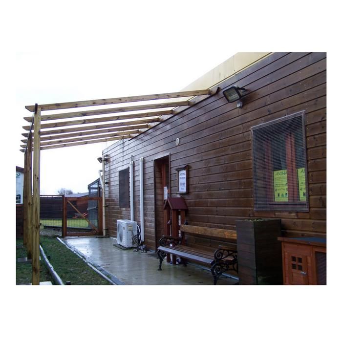 Pérgola adosada a la pared, prefabricada en autoclave, para cochera, 15,00 m², pendiente simple, sin cubierta.