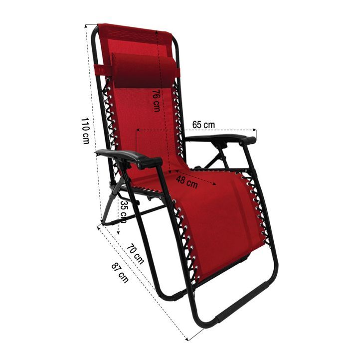 Fauteuil de jardin Transat Bain de soleil Pliable Inclinable avec accoudoirs et appui-tête  90 x 110 x 65,5 cm - Rouge - Textilène