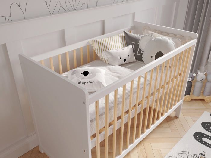 Lit Bebe Evolutif en Bois Pin Blanc 120x60cm, Lit Pour Bebe Transformable en Un Canapé-lit avec Une Barrière de Sécurité