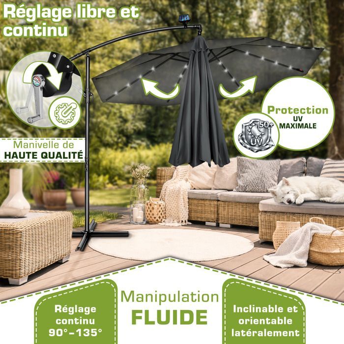 Sombrilla voladiza LED tillvex® Ø 350 cm Antracita – 360°, protección UV UPF 50+ con manivela, funda y parasol con base.