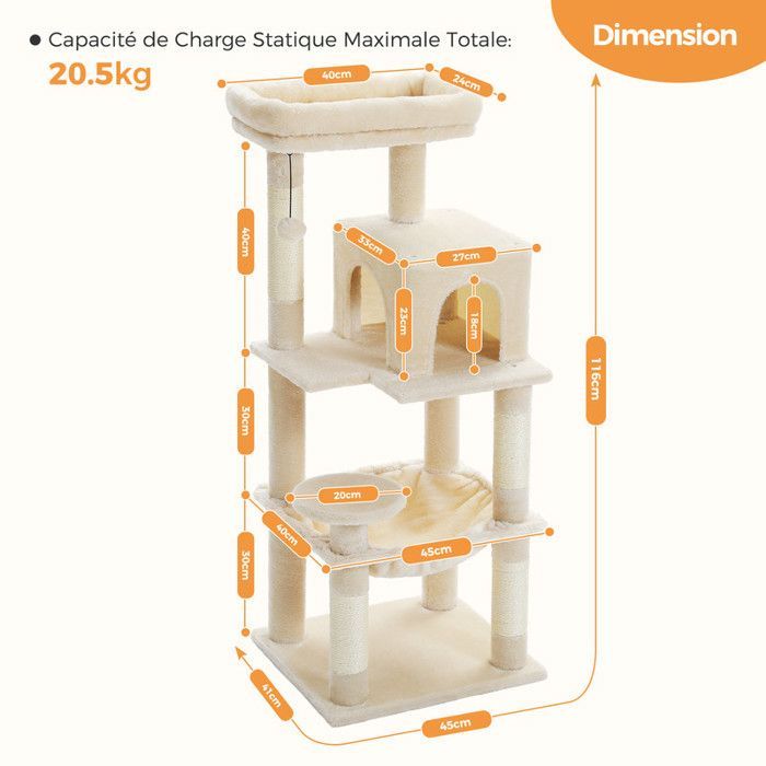 PAWZ Road krabpaal, ruim ontwerp, grote, stevige en stabiele hangmat met hangmat en prachtig kattenhuis - middelgroot, beige, 116 cm
