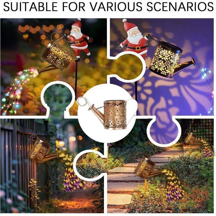 Gieter met zonneverlichting en kerstmanfiguur, kerstdecoratie met fonteineffect, waterdichte kleurrijke LED-lichtslinger voor de tuin
