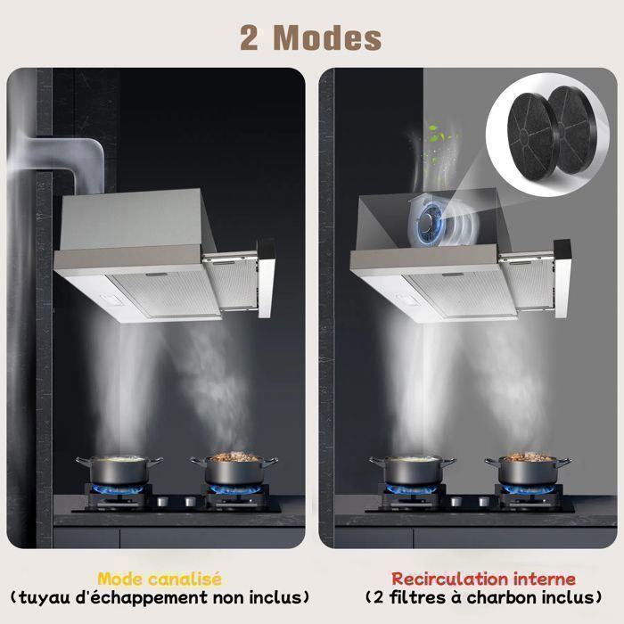 60cm Cooker Hood - Recirculating and Extraction - with Carbon Filter - 2 Speeds - 620 m³/h - Built-in - Energy Efficiency A