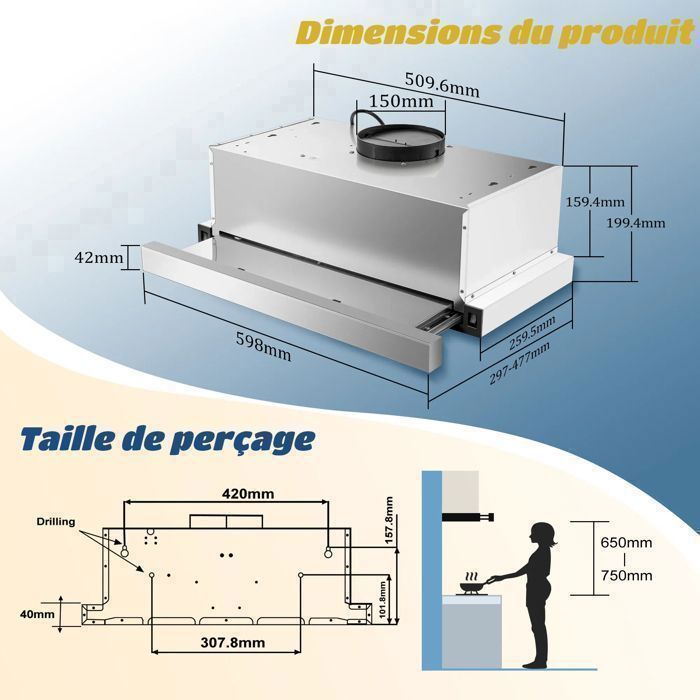 Hotte aspirante télescopique - Classe A+++ - 60 cm - 400 m³/h - 2 vitesses - Éclairage LED- avec Filtre charbon- hotte