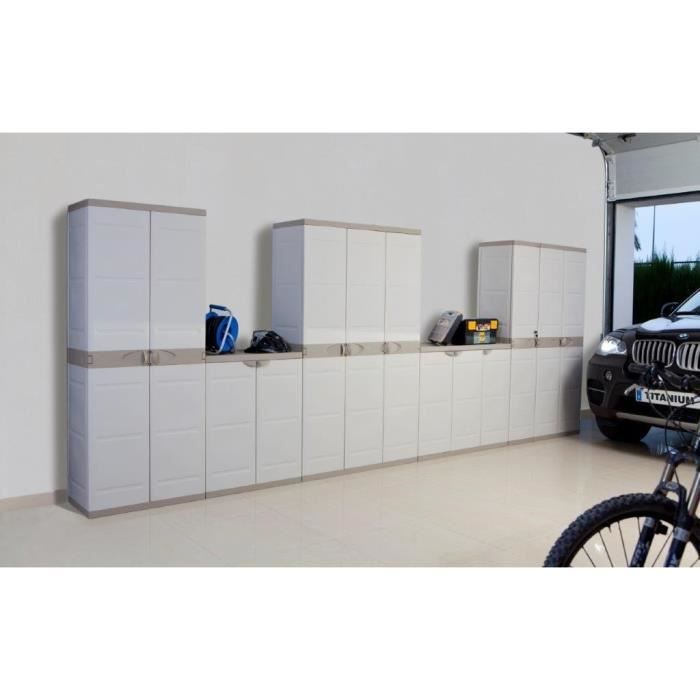 TITANIUM PLASTIKEN 2-door wardrobe with shelves and hanging rail, W70 x D44 x H176 cm, Beige and Taupe, TITANIUM range, Indoor/Outdoor