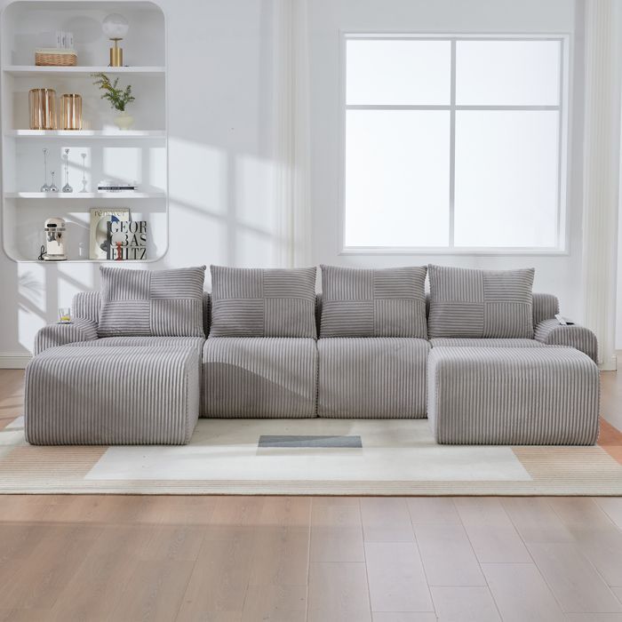 MEUBLIV Canapé modulable 4 places avec 2 poufs, porte-gobelets et sacs de rangement, 333x174x80cm, velours côtelé, gris clair