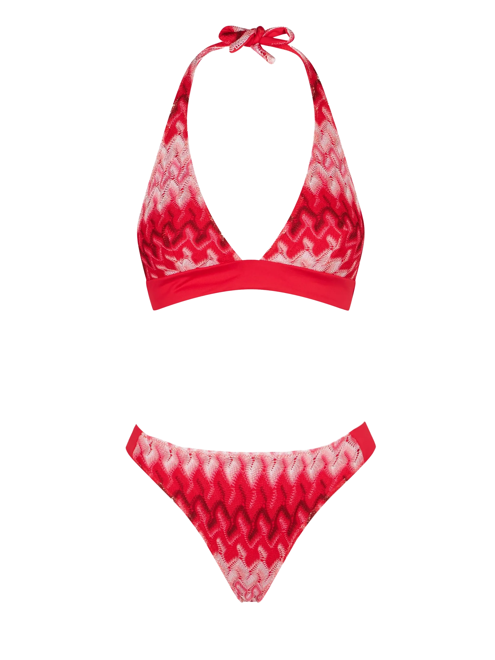 Mehrfarbiger roter Triangel-Bikini mit Chevron-Muster.