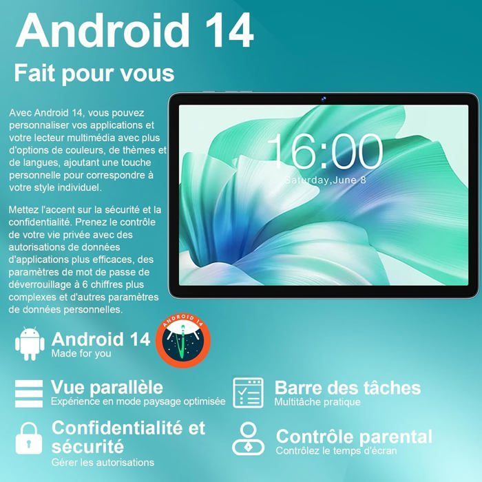 Tablette Tactile - ETHNICS ORIGINS - K11 - Android 14 - 22 Go RAM - 128 Go Stockage Extensible