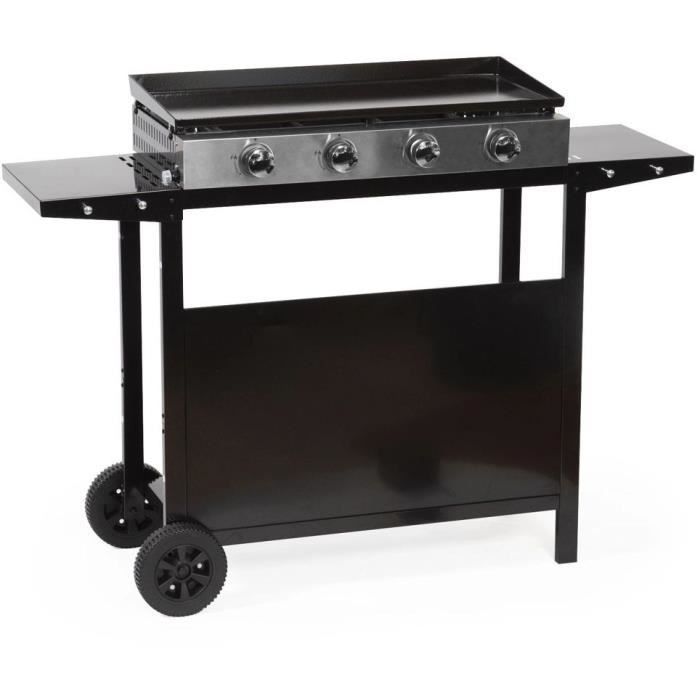 GARDEN MAX MERIDA Gas Plancha - 4 Burners - On a Cart - 127 x 46.5 x 95 cm - Enameled Steel - Cooking Surface: 75 x 35 cm - Black