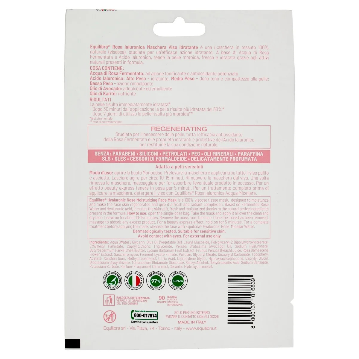 EQUILIBRA Hydraterend gezichtsmasker Equilibra Hyaluronic Rose, 1 stuk