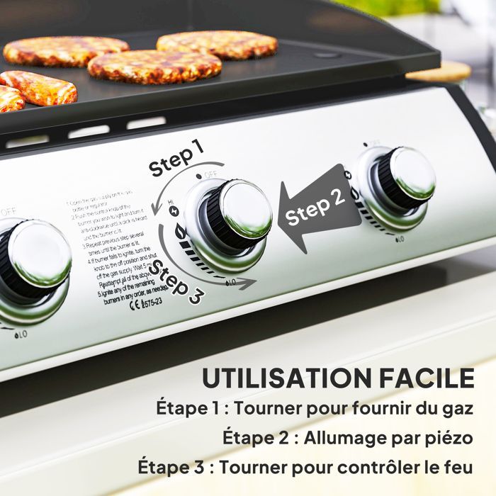 Gas griddle - Outsunny - 3 burners 7.5 kW - cooking surface 61 x 35.5 cm - with lid - liquefied gas/propane - black
