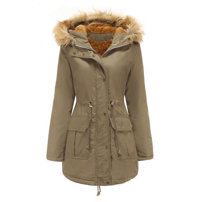 Chaqueta acolchada de estilo chic para mujer, con cremallera, corta y capucha, elegante cuello de piel, cálida para el invierno.