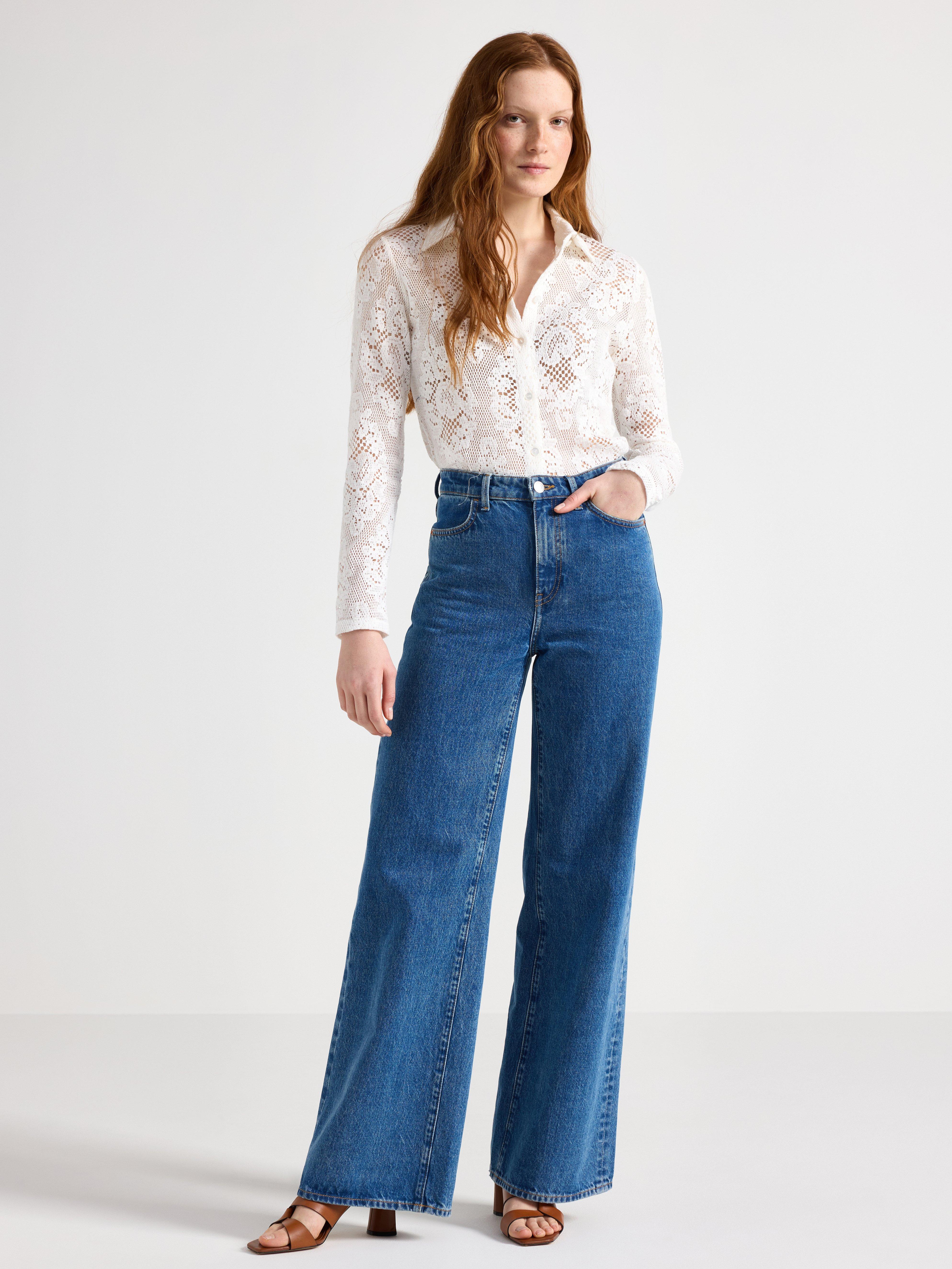Camisa de malha com detalhes em renda Off White