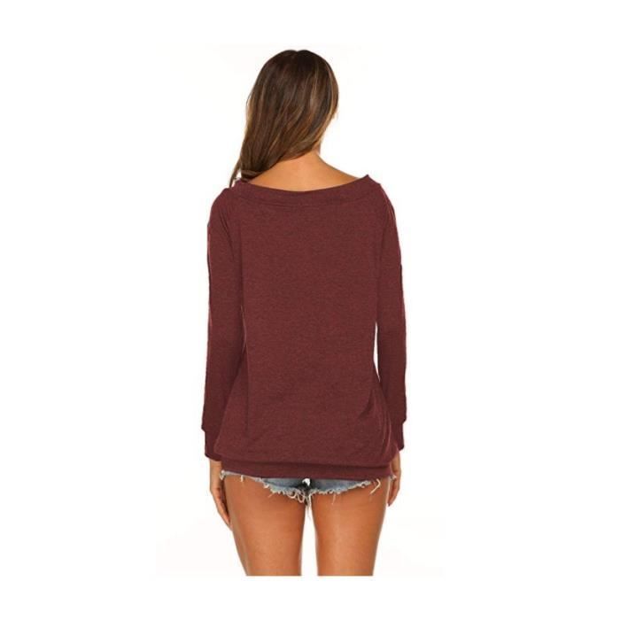 T-Shirt Femme Épaules Dénudées Manches Longues Col Bateau Casual Tee Shirt Lache Couleur Unie - Rouge