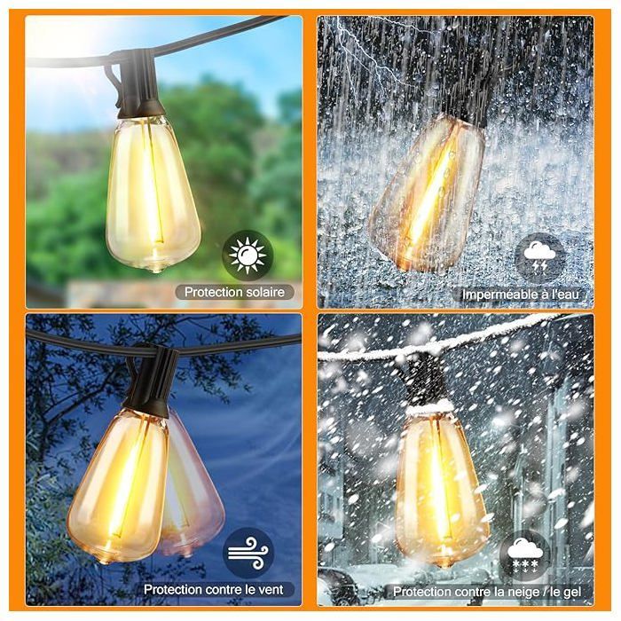 Guirnalda de luces LED para exteriores, estilo bistró - Guirnalda de luces impermeables de 15 m, luces de exterior de bajo consumo, modelo de bombillas