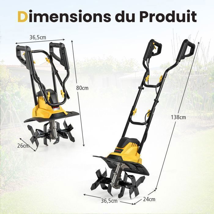 Motobineuse Motoculteur 1200W COSTWAY-Largeur 32cm,Profondeur 22cm-Interrupteur de Sécurité-Capot-4 Fraises-Poignée Pliable-Jaune