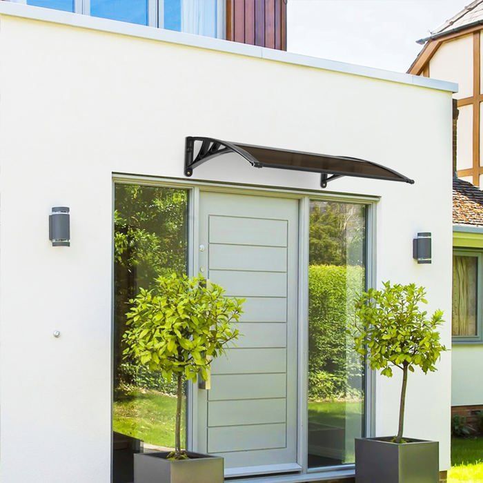 Marquesina para puerta de entrada VOUNOT® de 120x80 cm con soporte central - Policarbonato - Resistente a los rayos UV - Marrón