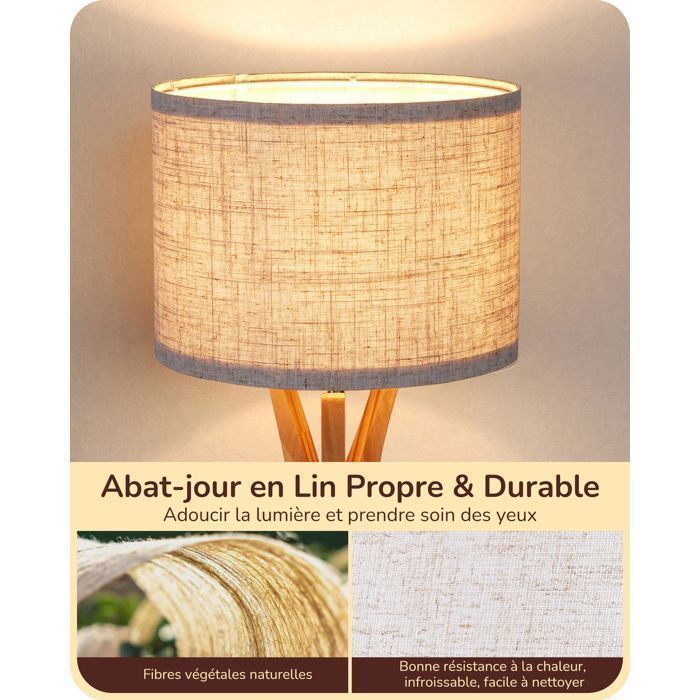 Luminária de mesa tripé EDISHINE com lâmpada LED E27, luminária de mesa moderna com 46 cm de altura, madeira e linho bege.