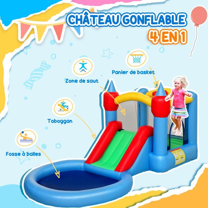 Château gonflable 4 en 1 - AIYAPLAY - toboggan, panier de basket, piscine à balles - souffleur 370W - 415 x 205 x 190 cm