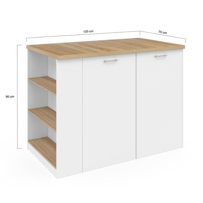 IDMARKET Ilot central TIBO 120 cm bois blanc avec plan de travail façon hêtre