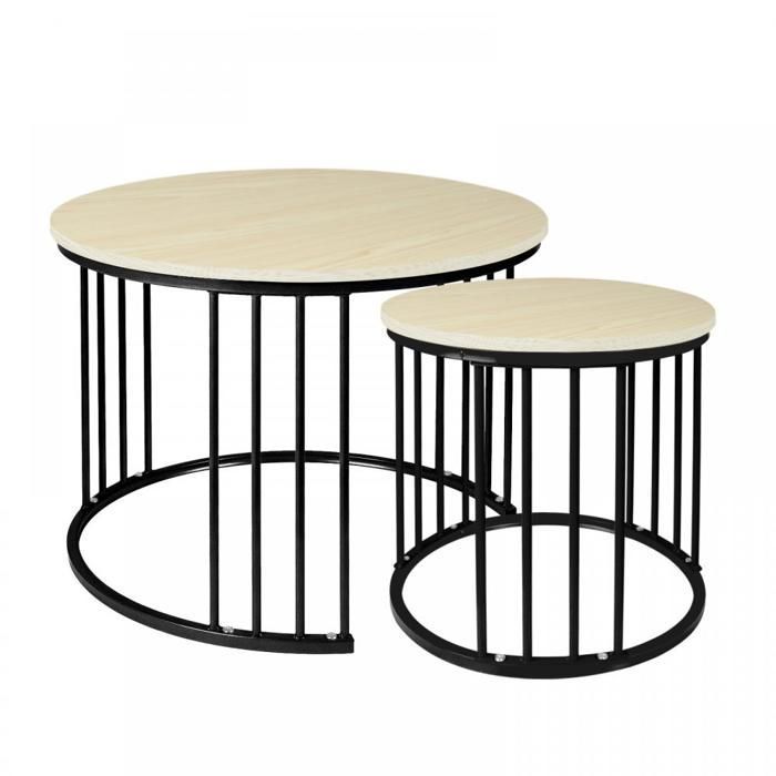 KEDIA Set van 2 salontafels, wit esdoornhout + zwarte poten, 60*60*45 cm en 40*40*38 cm, slijtvast en gemakkelijk schoon te maken