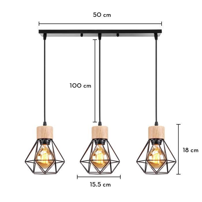 UNI Suspension Luminaire en Bois Fer Lustre Suspension Deisgn Vintage Industrielle pour Salle à Manger Chambre Salon Noir