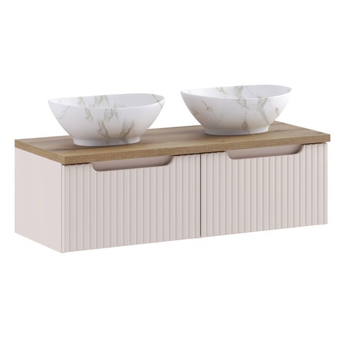 Mobile bagno sospeso NOVA da 100 cm con doppio lavabo, color cashmere, con lavabo Casella effetto rovere e 2 cassetti.