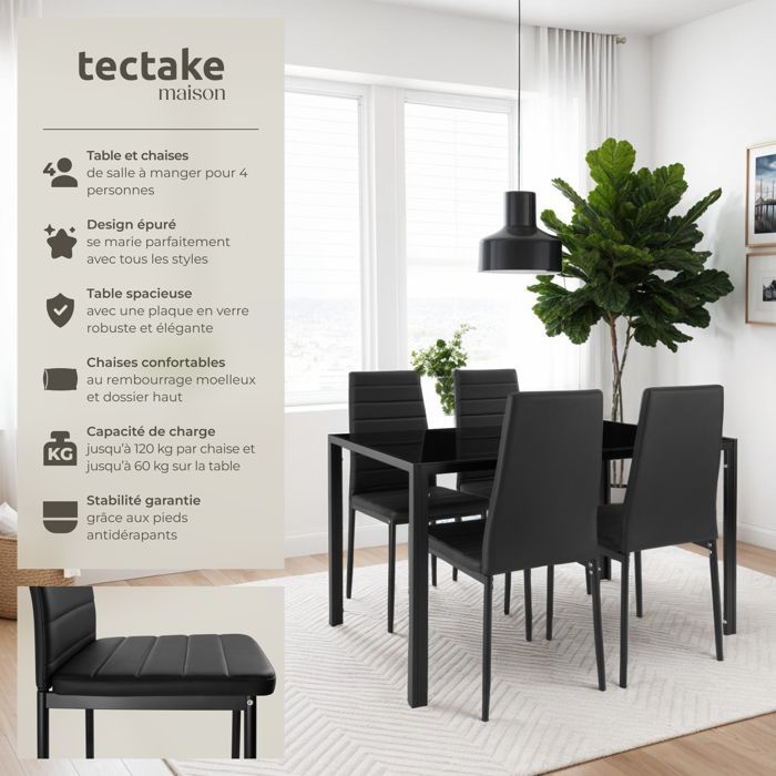 Eettafel met stoelen - TECTAKE - BERLIN eethoek met 4 gestoffeerde stoelen met kunstlederen bekleding - Zwart