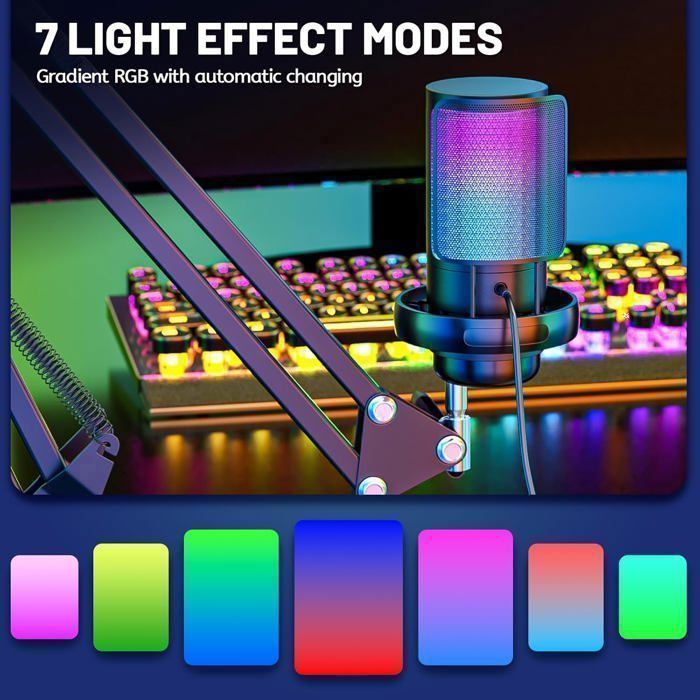 Condenser Microphone, RGB 24-bit/192 kHz, with Pop Filter/Mute/Gain/Monitor/Microphone Arm - Black - for PS4, Laptop, PS5, Mac OS
