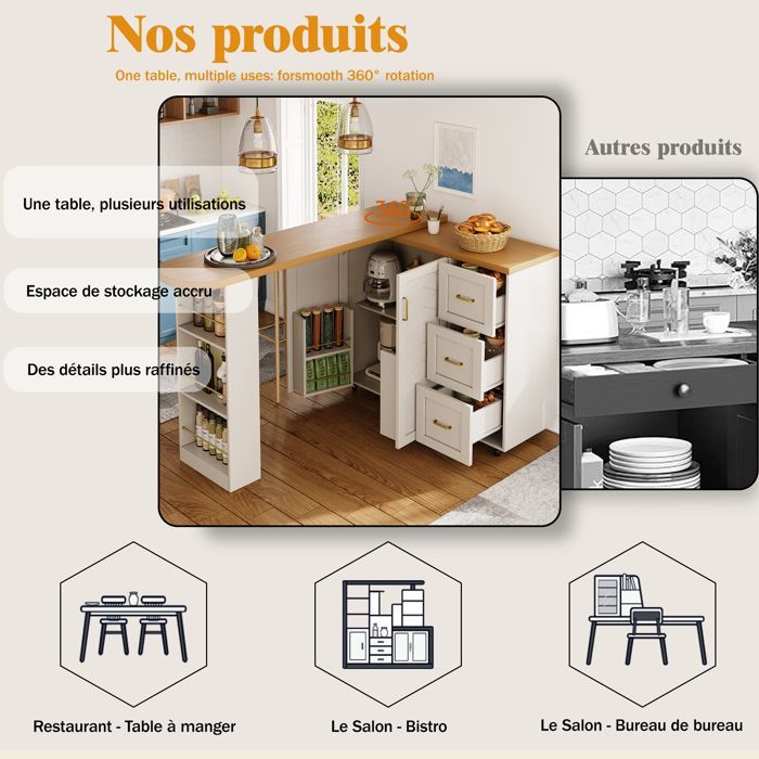 Buffet Cuisine,Îlot de Cuisine Extensible 135-228×39×104 cm,Avec 2 Portes 3 Tiroirs,Plateau Finition Bois, Roulant,Blanc
