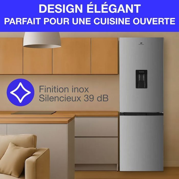 Réfrigérateur congélateur bas  251L - CONTINENTAL EDISON - Total No Frost - Inox - Classe D - L 54 cm x H 180 cm