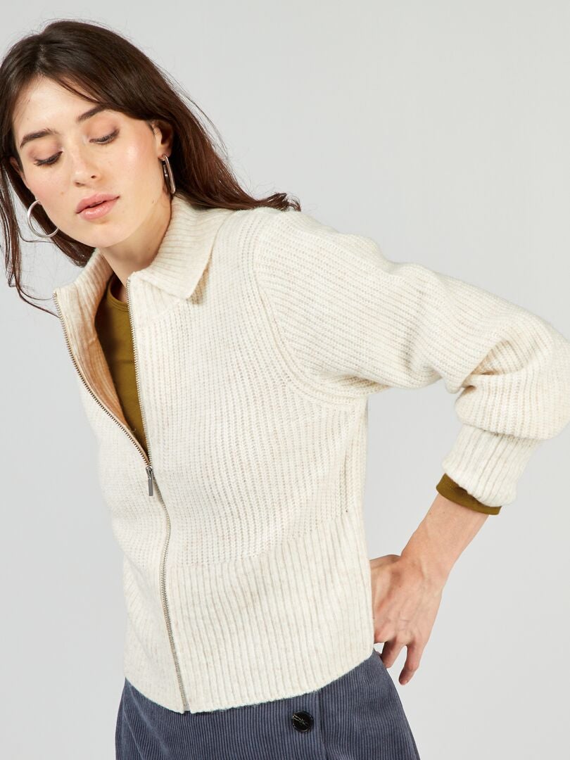 Korte trui met rits van garen - BEIGE