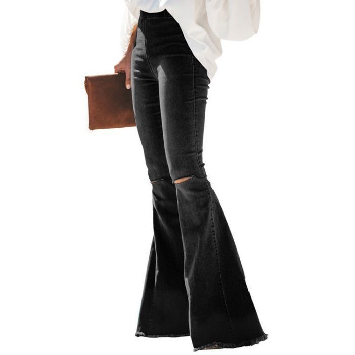 Pantalones vaqueros acampanados elásticos de talle alto con flecos para mujer de FUNMOON