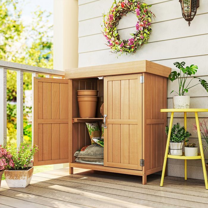 Mobile da giardino - Outsunny - unità autoportante con doppia anta, ripiano e tetto sollevabile in bitume - legno - 74x43x88cm