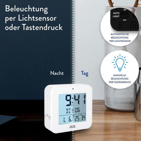 Digitální DCF rádiobudík, čtvercový, bílý