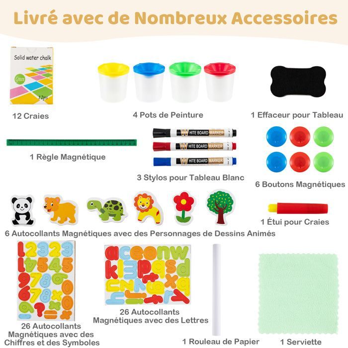 COSTWAY Kindertekenset met 88 accessoires, 2 zijden (wit en zwart), 1 rol papier, houten schildersezel, leeftijd 3-14