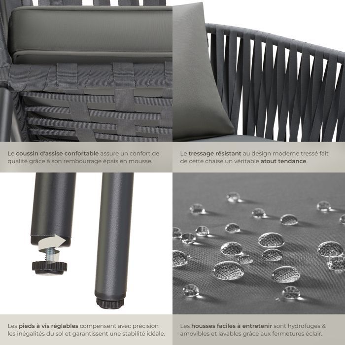 Sedie da giardino - TECTAKE - Set di 2 sedie VALEIRAS con effetto corda intrecciata e rivestimenti sfoderabili, 60 x 61 x 77 cm - Grigio
