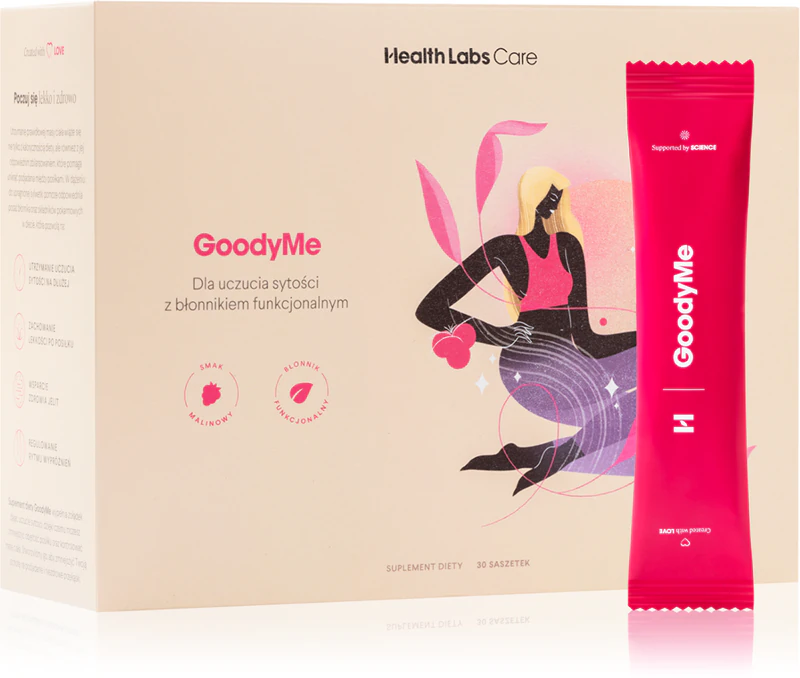 Sachês de suplemento alimentar GoodyMe da Health Labs Care para auxiliar na perda de peso.