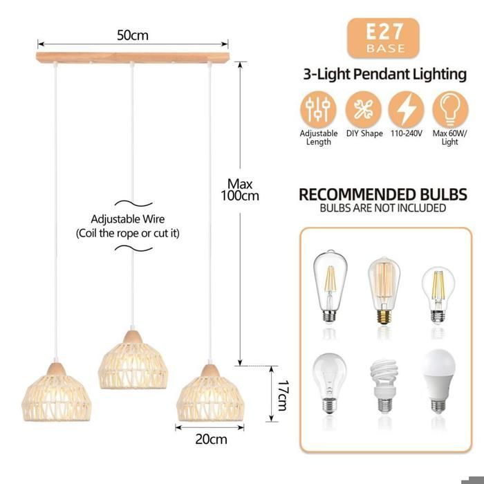 iDEGU Vintage Industriële Hanglamp, Witte Rotan Houten Kroonluchter, E27 Fitting, Retro Kooi Design Verlichting voor Woonkamer en Slaapkamer
