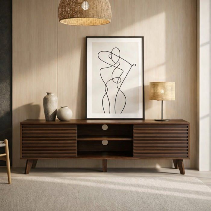 CALICOSY - Meuble TV portes coulissantes Façades Effet Bois Rainuré L135 cm - FRIBOURG - Bois foncé