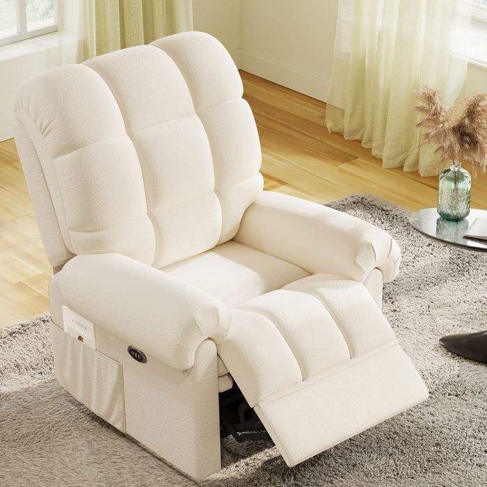 Poltrona reclinabile elettrica regolabile in velluto, ideale per il soggiorno, con porta USB, colore beige.