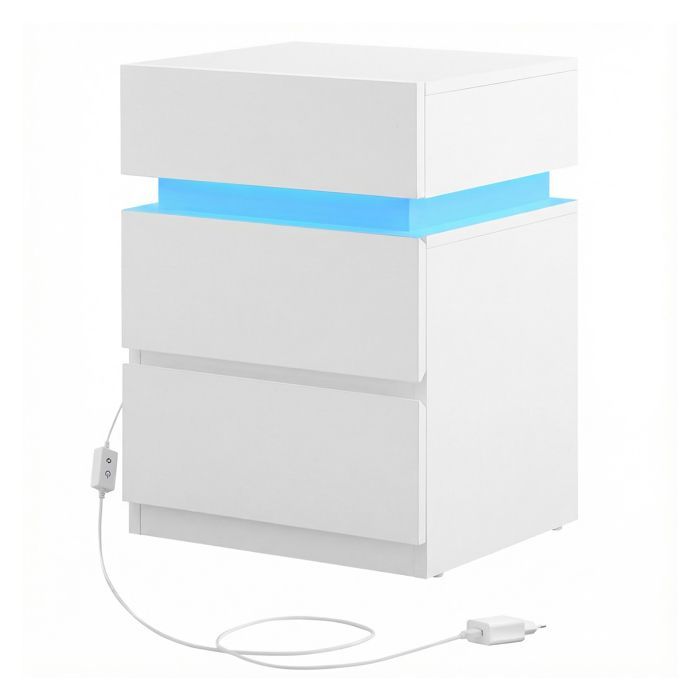 VASAGLE Comodino con striscia LED multicolore regolabile, 3 cassetti, tavolino laterale, 35 x 40 x 55 cm, bianco nuvola