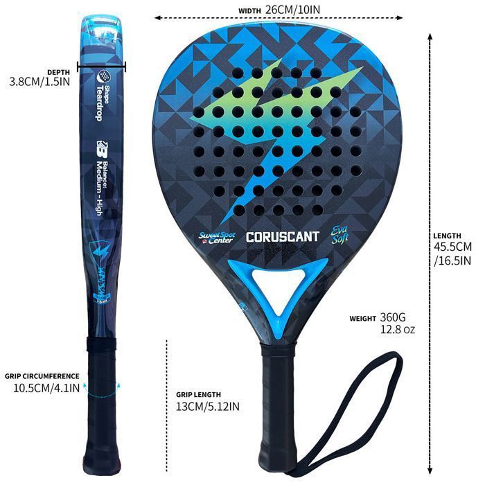 Racchetta da padel – CORUSCANT - Fibra di carbonio, superficie sabbiata - Schiuma EVA morbida - Controllo preciso e comfort - Forma rotonda - 360 g