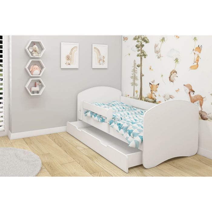 Børne-/babyseng 140x70 + skuffe - ACMA - Hvid - Træ - Sengehest - Skummadras